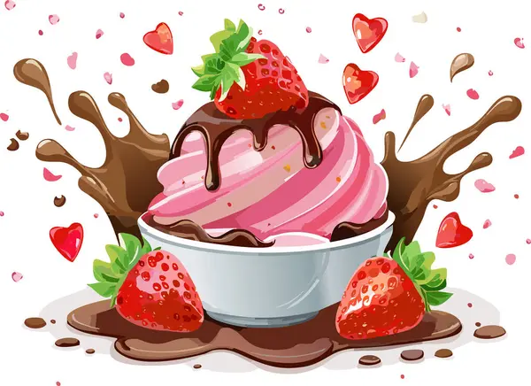 Kalın çikolata soslu ve sulu çileklerle çevrili lezzetli pembe çilekli dondurma, beyaz üzerine dinamik karikatür hareketleriyle patlıyor..