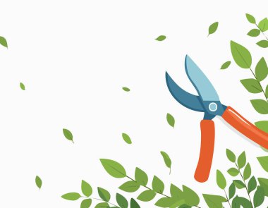 Bahçe içeriği için açık bir düzende yeşil yapraklar ve budama aracı