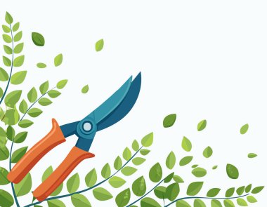 Yapraklı dalların arasına yerleştirilmiş budama makası beyaz üzerine yazı için yer var