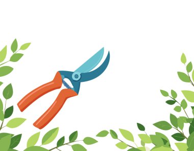 Taze yeşil bahçe araçları ve beyaz üzerine yeşillik ve tasarım elementi için yer var.