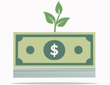 Finansal büyüme ve sürdürülebilirliği temsil eden beyaz bir zemin üzerinde yatay bir banknottan filizlenen yeşil bir bitkinin basit bir görüntüsü.