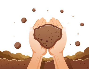 Toprağı tutan eller koruma ve bakım odaklı. Bu sembolik görüntü doğa ve çevresel sürdürülebilirlik ile uyumu temsil eder..