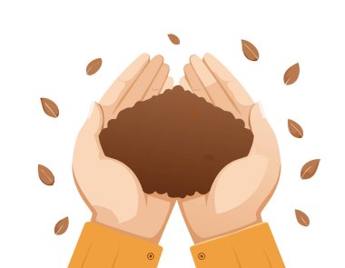 Beyaz arka planda bir toprak yığınını nazikçe tutan eller tasviri. Doğa, büyüme ve sürdürülebilirliği temsil eden basit ve temiz bir tasarım..