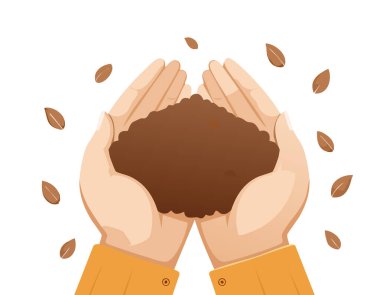 Beyaz arka planda bir toprak yığınını nazikçe tutan eller tasviri. Doğa, büyüme ve sürdürülebilirliği temsil eden basit ve temiz bir tasarım..