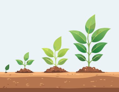 Toprakta büyüyen yeşil bitkilerin düz tasarımı, doğadaki gelişimi temsil ediyor. Bahçıvanlık, çevre ve tarım konuları için ideal.