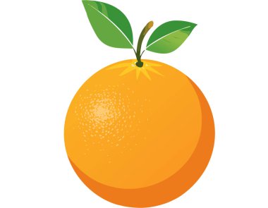 Düz tasarım tarzında yeşil yapraklı parlak turuncu meyve, pürüzsüz yüzey ve ince röfleler, yumuşak beyaz arkaplan, yumuşak gölgeler ve neşeli modern bir görünüm veren basit şekiller.