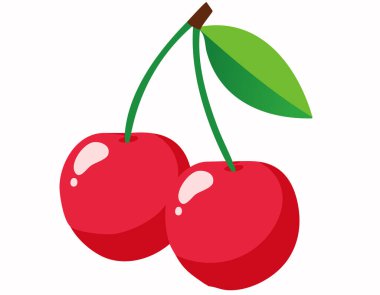 Temiz beyaz arka planda yeşil yapraklı iki kırmızı kirazın düz tasarım çizimi. Sağlıklı gıda kavramı veya yaz temalı sanat eserleri için basit ve parlak bir tarz.