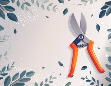 Sade yeşil yapraklarla çevrili, parlak turuncu saplı bahçe budama makası bahçecilik teması için modern illüstrasyon kavramını sakinleştirdi.