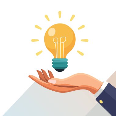 Düz bir şekilde açık bir elin üstündeki ampul, parlak düşünme ve ilham sembolü, basit düzen, içerik eklemek için boş arkaplanı olan beyaz arkaplan