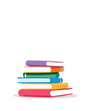 Renkli kapaklarla düzgünce istiflenmiş, temiz bir yüzeye yerleştirilmiş, üzerinde büyük boş bir alan olan yatay bir kitap sırası. Modern düz stilde basit eğitim teması.