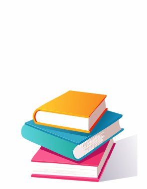 Üç parlak renkli kitap üst üste yığılmış, yumuşak gölgeler, temiz beyaz bir yüzey üzerinde duruyor. Metin veya markalaşma için üzerinde kopya alanı olan basit düz tasarım.