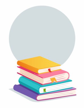 Canlı ciltli kitaplardan oluşan düzgün çapraz bir düzenleme dinamik bir kompozisyon oluşturuyor. Temiz beyaz arkaplan yazı için yer açar, eğitici veya yaratıcı temalar için mükemmeldir.