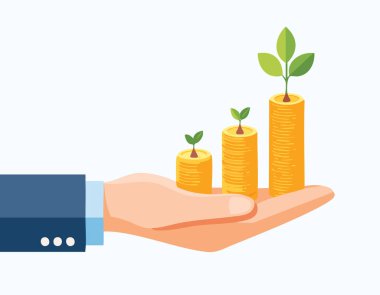 Düz tasarım görüntüsü, yığılmış bozuk paraların yeşil bir bitki filizlenmesiyle sunulduğu, para yetiştirme, kar etme ve uzun vadeli finansal planlama fikrini parlak, temiz bir fon üzerinde gösteren..
