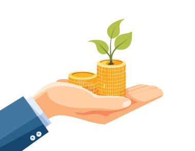 Tarz sahibi bir el, üzerinde büyüyen yeşil bir bitki olan altın sikkeleri tutar. Finansal büyümeyi ve sürdürülebilirliği simgeler. Fotokopi alanı olan temiz beyaz arka plan..