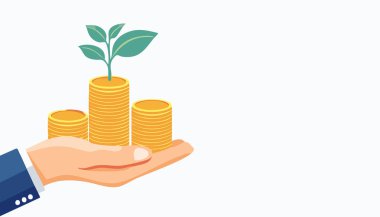 Modern düz el sanatı üç deste madeni parayı destekliyor. En yüksek birikintiden filizlenen bir bitki, ekonomik başarıyı ve yeşil yatırımı en az temiz zeminde resmediyor..