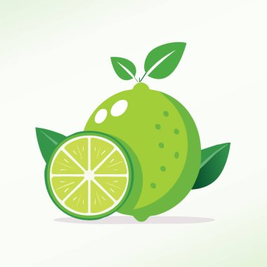 Enine kesitli sulu limon, stilize edilmiş doku ve canlı yeşil gölgeler ile gösterilir, beyaz minimum arka planda..