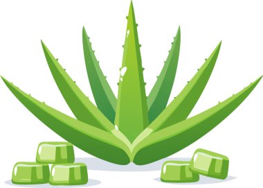 Aşağıda gösterilen iyileştirici jel küpleri ile asgari yeşil aloe vera kümesi, sağlık, güzellik veya botanik kullanımlar için stilize illüstrasyon, pürüzsüz dokular ve beyaz zemin.