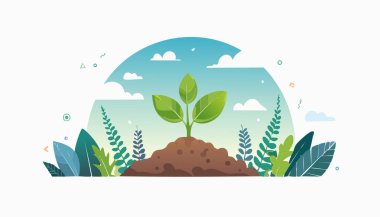 Yeni bitki yaşamı parlak düz bir şekilde resmedilmiş, yapraklı çevresi ve gökyüzü ile topraktan filizlenmiş, sürdürülebilirlik için ideal ya da dünya dostu içerik.