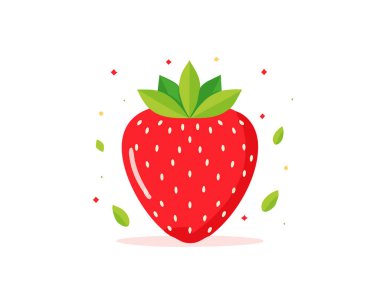 Sade ve parlak dijital çilek, beyaz tohumlar ve parlak ışık lekeleriyle detaylandırılmış, temiz beyaz arka planda gösteriliyor.