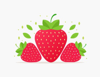 Düz dizayn çilek, pürüzsüz kırmızı ten ve canlı yeşil yapraklar, gıda sanatı veya sağlıkla ilgili grafikler için mükemmel..
