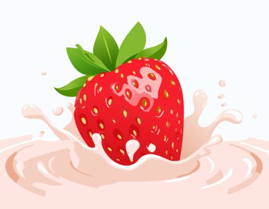 Süt sıçramasının ortasında büyük bir çilek, damla ve kıvrımlarla çevrili..