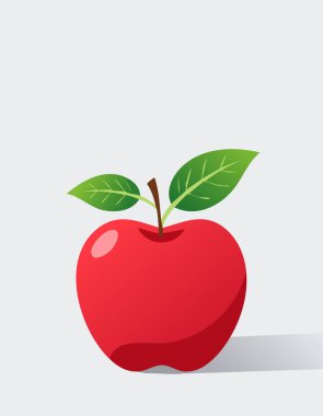 Üstünde stilize edilmiş yapraklar olan pürüzsüz kırmızı elma ikonu, asgari gölgeleme ve zarif yumuşak gölge, parlak beyaz arka plan meyveleri patlatır, sağlıklı yaşam için temiz düz tasarım tarzı, organik ürün etiketleri veya basit gıda sanat eserleri, geniş metin spa 'sı