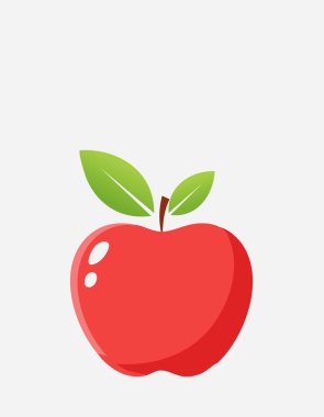 Düz dijital tarzda çizilmiş tek bir kırmızı elma, yumuşak yeşil yapraklarla pürüzsüz ve parlak bir görünüş, altında yumuşak bir gölge, etraftaki temiz beyaz alan, taze meyve tasarımı temaları için mükemmel parlak ve minimal sanat, sağlıklı beslenme veya organik promosyonlar.