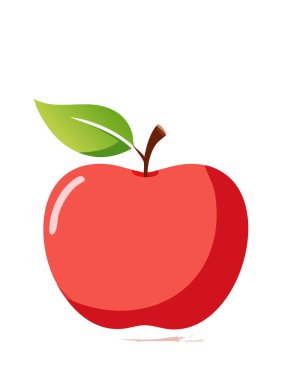 Yumuşak röfleli kırmızı bir elmanın modern düz çizimi, canlı yeşil yapraklar, ince damla gölgesi, beyaz zemin, parlak ve dost canlısı yemek imajı, sağlık, diyet veya doğayla ilgili en az tasarım için mükemmel, açık kopya alanı dahil