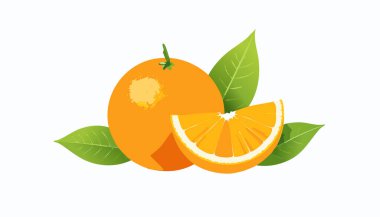 Dilimlenmiş taze portakallar, pürüzsüz canlı kabuklar, taze yapraklar, yumuşak gölgeler ve temiz ve sağlıklı tasarım için kopyalama alanı..