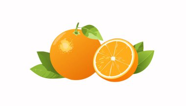 Bütün portakallar ve düzgün yarım dilimler, taze detaylar, yapışkan yapraklar, pürüzsüz turuncu yüzey, temiz beyaz üzerine ince gölge, modern sağlıklı his..