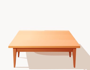 Düz stil ahşap tablo çizimi, pürüzsüz yüzey ve bacakların altında yumuşak gölge, beyaz üzerine izole, metin için boş alanı olan ürün tasarımı için uygun.