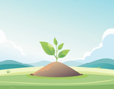 Küçük bir toprak tepeciğindeki fidanın basit bir gösterimi, geniş bir alanı olan beyaz ve yeşil bir çayırın ortasında..