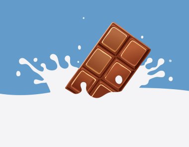 Klasik dokuz kare çikolatalı levha dinamik hareketi etrafında kaygan süt püskürmesinin modern düz tarzı görüntüsü yakalanırken, üst tuval promosyon metni ürün markalaşması veya web afişi tasarımı için geniş bir alan olarak kalmaktadır..