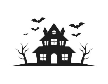 Asgari siyah ve beyaz kompozisyon, eğri bir zeminde duran perili bir ev siluetini yakalar, dışarı eğilen çitler, olay yerini çevreleyen çim siluetleri, dağınık yarasalar dinamik dengeyi sağlar, geniş boş bir arkaplan eklemek için idealdir