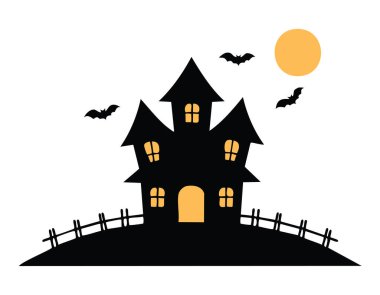 Siyah perili köşk silueti eğilmiş kuleleri ve çimenli bir tepecikten yükselen uyumsuz pencereleri ile, küçük yarasalar tepemizde çırpınıyor, boş beyaz gökyüzü mevsimlik mesajlar için geniş bir kopya alanı sunuyor, eğlenceli ama minimalist Cadılar Bayramı 'nı yaratıyor.