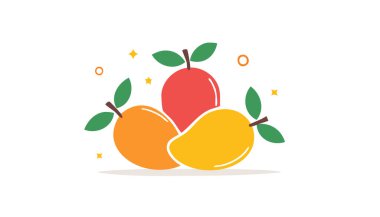 Zümrüt yaprakları aksanlı altın mango kümesi. Yumuşak renklendirmeler. Metin reklamları için cömert daireler çiziyor.