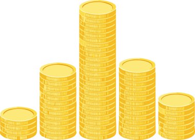 Bir bar çizelgesi gibi sıralanmış parlak altın sikkeler, geniş beyaz alan onları çevreleyerek, kar büyümesi ve finansal başarı hakkında manşetlere yer bırakarak, dost canlısı düz çizgi film tarzında bir illüstrasyon oluşturur..