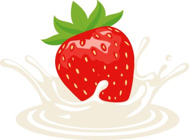 Temiz çağdaş kompozisyonda parlak çilek, basit şekiller ve yumuşak gradyanlarla çizilmiş yumuşak süt dalgalarıyla çevrili, canlı renk kontrastını ve reklam için geniş kopya alanını vurguluyor.