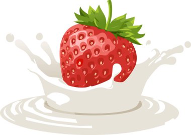 Oyuncu minicik sanat eserleri sulu kırmızı çileğin ipek süt çemberinden fışkırarak canlı damlacıklar oluşturduğunu gösterirken, geniş ve temiz arka plan smoothie markalaşma veya sağlıklı tarif promosyonları için metin için ideal alanı sunuyor.