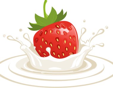 Olgun bir çileğin dinamik sıçrama eğrileri ve cömert beyaz fotokopi alanı ile kremalı süte dalışının parlak düz çizimi gıda reklamcılığı veya ambalaj tasarımı bileşiklerine manşet yerleştirmeye hazırdır.