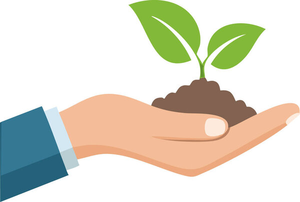 Стилизованная рука, держащая крошечное растение с зелеными листьями и почвой, минимальный дизайн, чистый белый фон