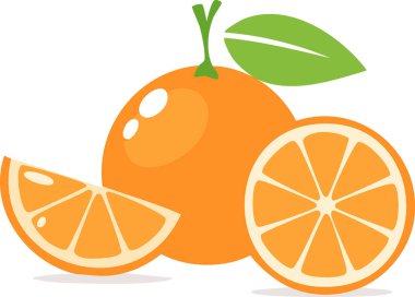Sulu portakallı ve yarım kesilmiş, yeşil yapraklı ve temiz arkaplanlı basit düz çizimler.