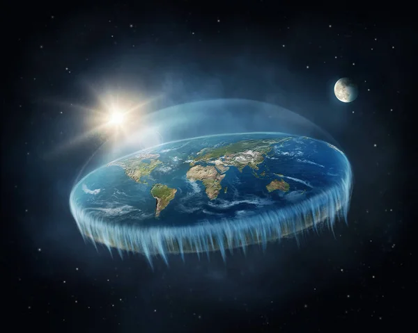 Platte Aarde Ruimte Met Zon Maan — Stockfoto