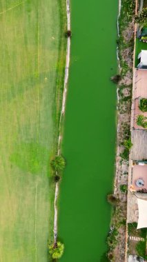 İspanya 'nın Alicante kentinde manikürlü golf sahasının yanında canlı yeşil bir göletin dikey hava manzarası. Su ve çimen arasındaki keskin zıtlık, görünür manzara elementleriyle birlikte doğa ve spor için mükemmel minimalist bir kompozisyon yaratır.,