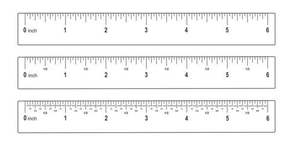 マークアップ 分数で6インチの支配者のセット 白い背景に隔離された距離 高さまたは長さを測定するための数学または幾何学的ツール ベクトルグラフィックイラスト — ストックベクタ