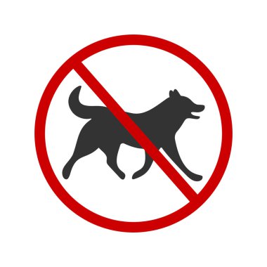 Köpekler ikona izin vermez. Hayvan yürüme yasağı resimli programı. Köpek yavrusu yasak sembol. Beyaz arka planda izole edilmiş kırmızı işaretli köpek silueti. Vektör grafik illüstrasyonu
