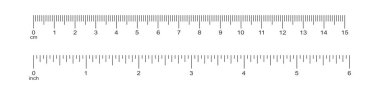 Yatay ölçekte 15 inç ve 15 santimetrelik işaretleme ve sayılar. Ölçüm tablosu metrik ve imparatorluk birimleri. Uzaklık, boy veya uzunluk ölçüm aracı şablonları. Vektör grafik illüstrasyonu
