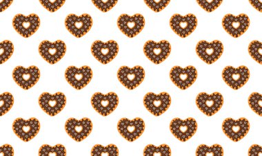 Kalp şeklinde donut kusursuz desen. Sevgililer Günü 'nde çikolata kaplı donutlar. Kupür defteri ya da paket kağıdı, peçete ya da masa örtüsü kumaş tasarımı. Vektör çizgi film illüstrasyonu