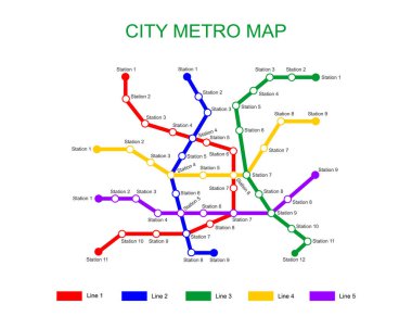 Şehir haritası şablonu. İstasyonlu 5 renkli hatlı metro planı. Beyaz arkaplanda izole edilmiş toplu hızlı ulaşım ağının bilgi diyagramı. Vektör illüstrasyonu