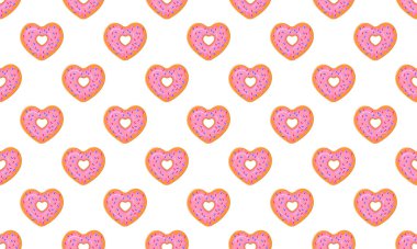 Kalp şeklinde donut kusursuz desen. Sevgililer Günü için serpiştirilmiş tatlı çörekler. Kupür defteri ya da paket kağıdı, peçete ya da masa örtüsü kumaş tasarımı. Vektör çizgi film illüstrasyonu